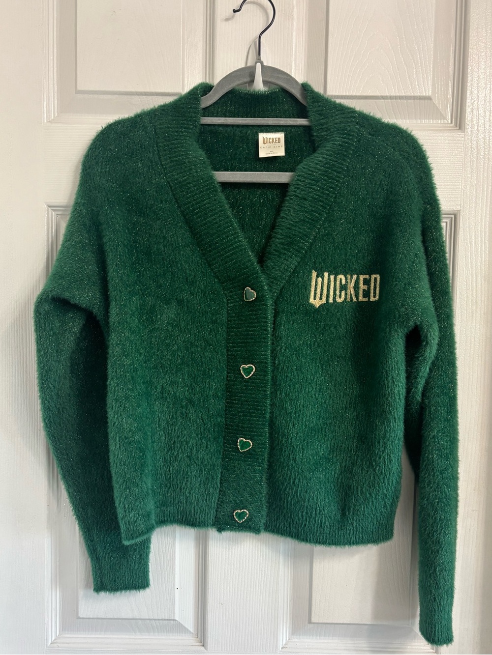Wicked Emerald x Katie Kime Emerald Green V‑Neck Cardigan XXS Heart Buttons